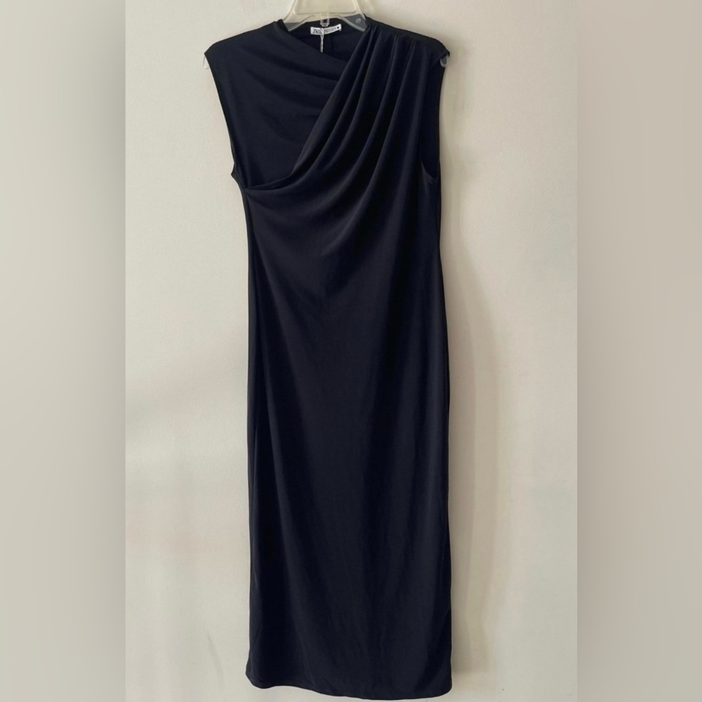Zara Women’s Black Asymmetrical Draped Midi Dress
